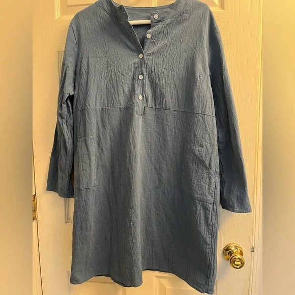 Blue Women’s Long Sleeve Button-Up Dress W Pockets NWOT - Picture 1 of 5